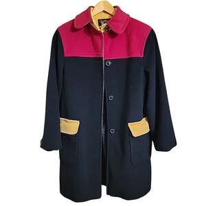 Lauren Meren Vintage Color-Block Wool Coat Long Black Yellow Red Pockets